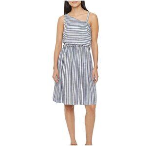NWT 52seven blue white stripe dress L assymetrical rayon pockets retro cottage
